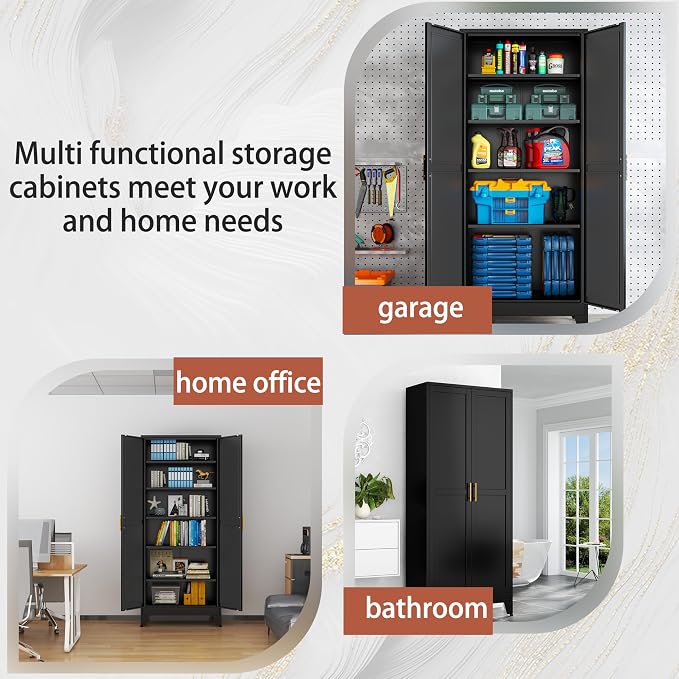 PAOFIN Kitchen Pantry Storage Cabinet with Doors and Adjustable Shelves, Metal ClosetMaid Food Pantry Cabinets, 75" Tall Freestanding Cupboard for Kitchen, Laundry or Utility Room, Black