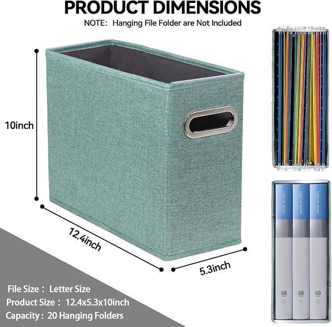 4 Pack Letter Size File Storage Box Collapsible, Fabric Hanging File Folders Organizer, Portable Office Document Holder with Metal Handle, Smooth PVC Rails, Green