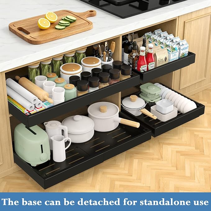 Aisslro Under Sink Organizer, 2 Tier Pull Out Cabinet Organizer, Expandable & Adjustable Slide Out Shelf 13.2''–20.3'', Under Sink Storage for Kitchen Bathroom Laundry Cabinet Storage, Black