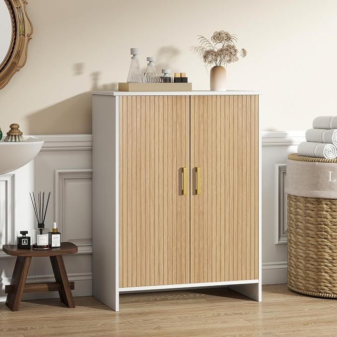 Bathroom Storage Cabinet, Floor Cabinet with 2 Fluted Doors and 2 Adjustable Shelves Wooden Freestanding Organizers and Storage, White