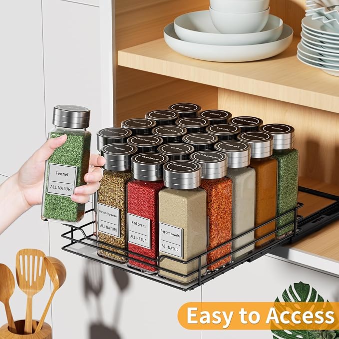 RCHYFEED Pull Out Spice Organization for Cabinet,8.5" Wx10.5 Dx2.5 H,1 Tier | Heavy Duty Slide Out for Inside Cabinet & Pantry, Kitchen Cabinet Seasoning Organizer,Vertical Spice Racks Storage Spices