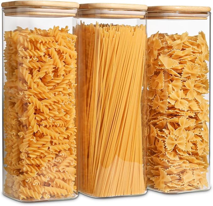 ComSaf Pasta Containers Storage 2.2 Qt, Spaghetti Jar, Set of 3 Tall Jars | Glass Storage Containers wtih Lids, 11.3-inch High Glass Kitchen Canisters Square, Cereal, Noodles, Oats, Dry Food, BPA Free