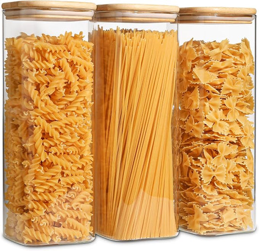 ComSaf Pasta Containers Storage 2.2 Qt, Spaghetti Jar, Set of 3 Tall Jars | Glass Storage Containers wtih Lids, 11.3-inch High Glass Kitchen Canisters Square, Cereal, Noodles, Oats, Dry Food, BPA Free