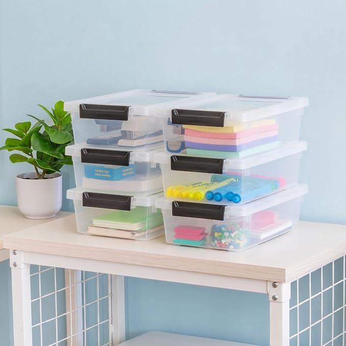 IRIS USA Storage Bins with Lids |Made in USA| 2 Qt - (6-Pack) - Clear/Black | Sensory Craft Organizers, Plastic Clip Box Totes, Flat Containers for Organizing Paper, Office, Art & Study Supplies