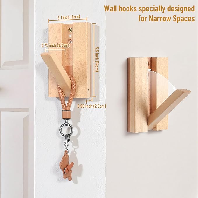 Wall Hooks for Small Space: 2Pack Foldable Wood Natural Coat Hooks | Hangers for Limited Spaces - Hanging Towel Backpack Bags Jacket - Space Saving Minimalist Design for Aesthetic Homeowners