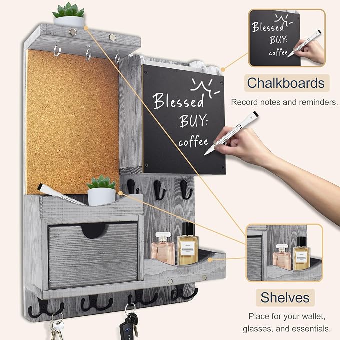 Key Holder Wall Mount， Mail Organizer Key Holder for Wall with Shelf, Drawer, Chalkboard, Corkboard, Home Decor Wall Mounted for Room Entryway(Grey)