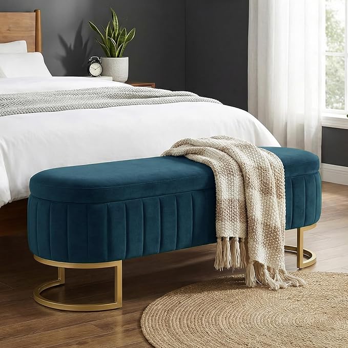 65" Velvet Storage Ottoman Bench End of Bed for Bedroom Entryway Dark Blue
