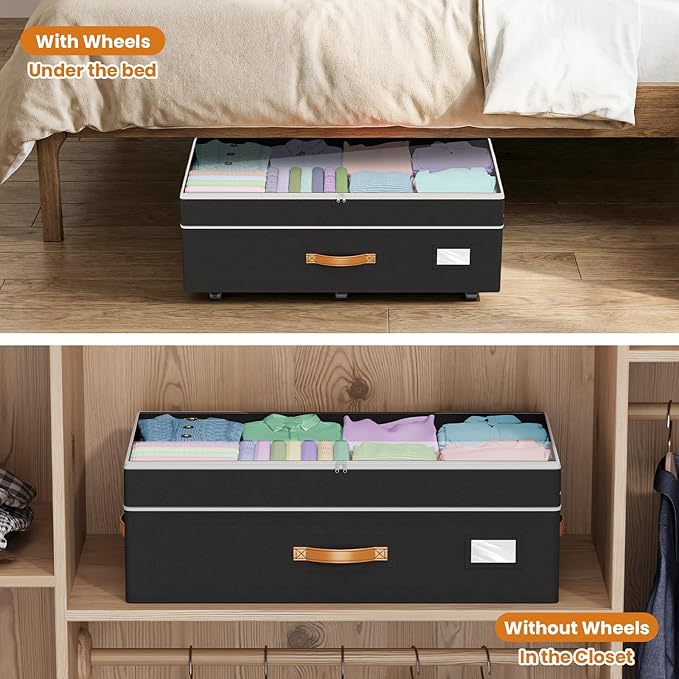 Budding Joy 80L 2 Pack Adjustable Under Bed Storage with Wheels | Underbed containers with clear lids, rolling under bed shoe storage organizer for dorm home clothes, blankets, toys, black