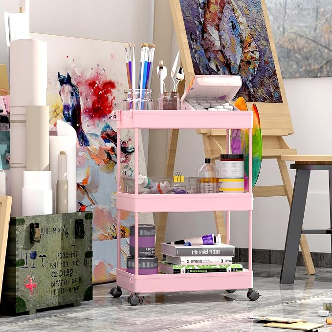 SPACEKEEPER 3 Tier Rolling Cart, Bathroom Cart Organizer with Wheels, Pink | Mobile Storage Cart for Laundry Room Organization,Kitchen,Office,Bathroom, Utility Cart for Snack,Craft,Art,Makeup,Nail,Toys
