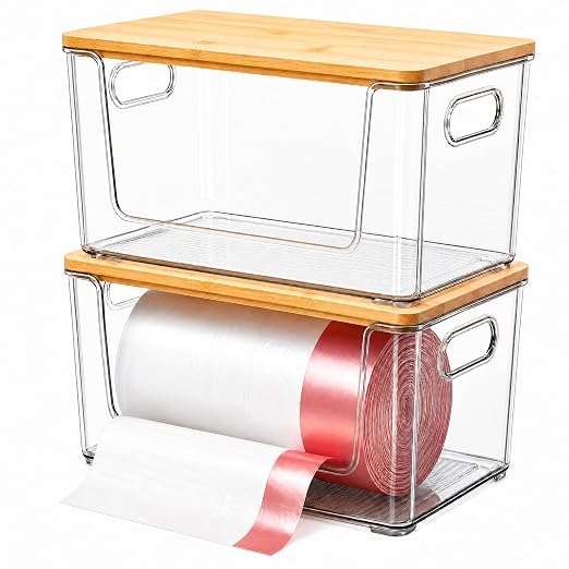 Trash Bag Holder 2 Pack, Stackable Garbage Bag Dispenser with Bamboo Lid, Extra Large Trashbag Dispenser for 13/30/33 Gallon Bags, Clear Organizer for Under Sink Kitchen Laundry Room