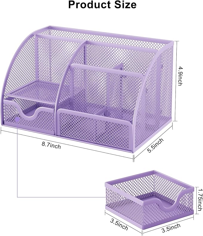 EasyPAG Mesh Desk Organizer with Drawer Multi-functional Pen Holder Stationery Organizer for Office School Supplies 6 Compartments Dorm Organizers and Storage for Desk, Light Purple