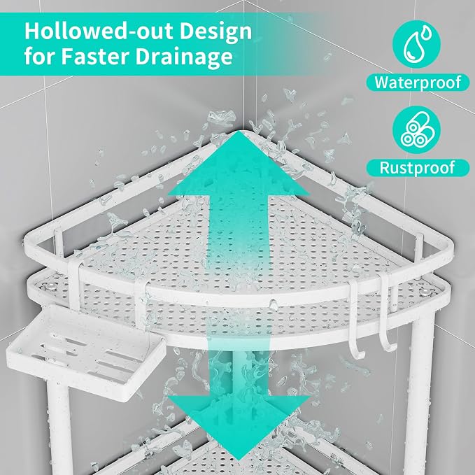 HapiRm Standing Corner Shower Caddy - 2 Tier Shower Organizer Corner with Soap Holder and 4 Hooks, Rustproof Bathroom Storage Shelves with Adhesives, White