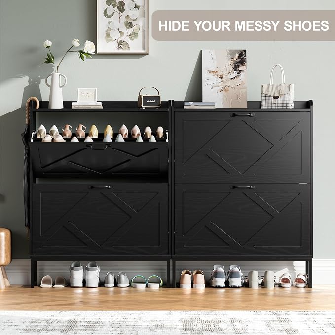 Nicetree Shoe Storage Cabinet with 2 Flip Drawers, Freestanding Shoe Organizer, Shoe Cabinet with Metal Legs, Narrow Shoe Rack Cabinet, Farmhouse Slim Shoe Cabinet for Entryway, Foyer, Hallway, Black