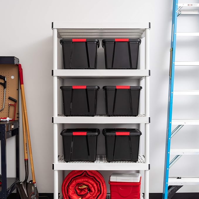 IRIS USA 6-Pack 40 Quart Storage Bins with Lids, Black | Black finish conceals stored items. Perfect for moving, blankets, clothing, and garage storage. Nestable design saves space