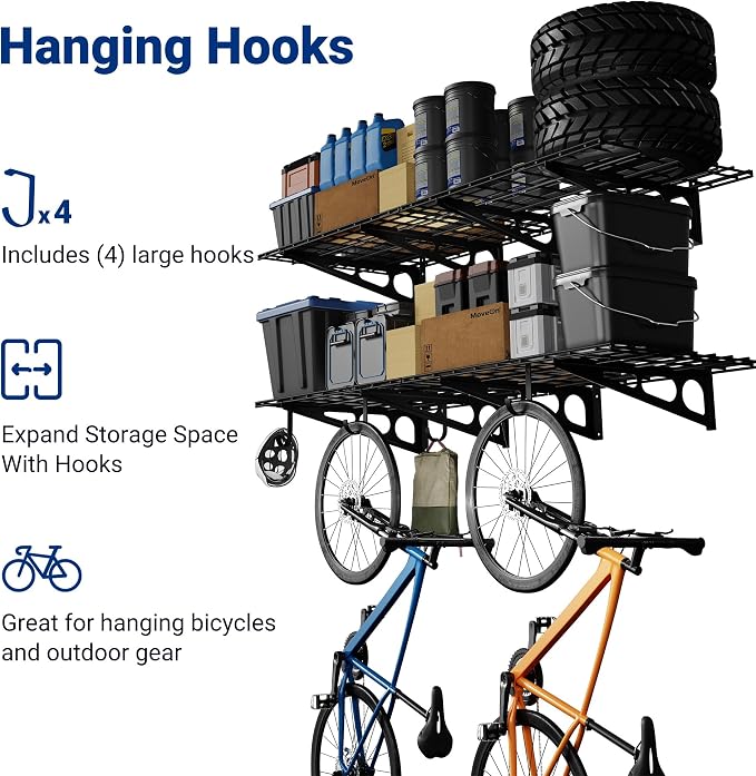 FLEXIMOUNTS 2-Pack Garage Shelving with Hooks, 2x6ft Storage Shelves, Black | 24-inch-by-72-inch Wall Shelf Garage Storage Racks Floating Shelves, Rustproof Seamless Grid Design, Classic Series