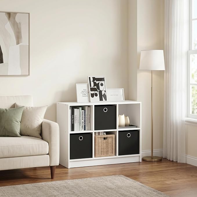 6-Cube Bookshelf with Storage Bins, Cube Bookcase, Book Shelf with Storage Bins, 11.9 x 31.6 x 23.6, for Organization and Storage, Home Office, Living Room, White/Black