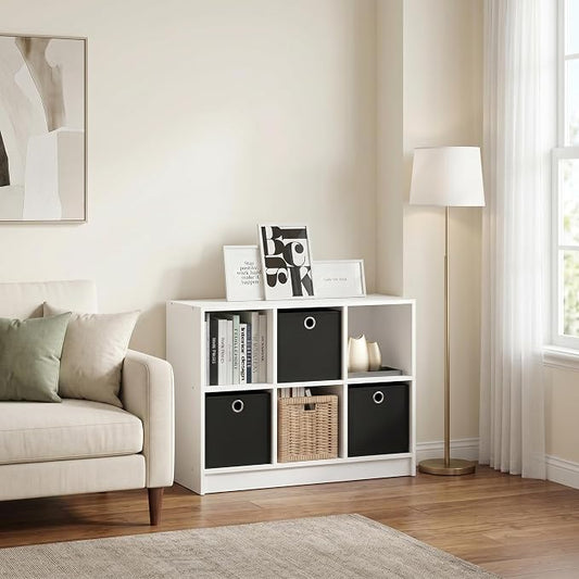 6-Cube Bookshelf with Storage Bins, Cube Bookcase, Book Shelf with Storage Bins, 11.9 x 31.6 x 23.6, for Organization and Storage, Home Office, Living Room, White/Black