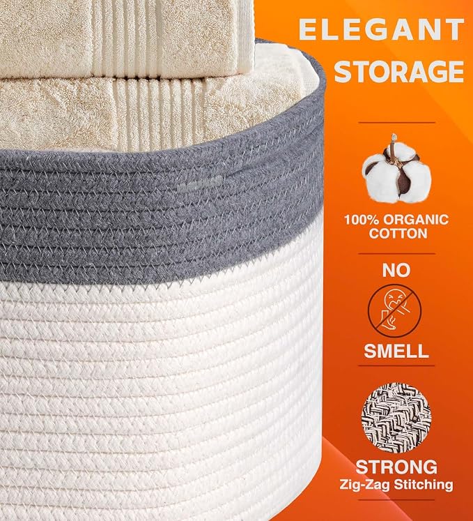 CHAT BLANC Cotton Rope Baskets for Organizing, Shelves, Toys, Storage, Shoe, Bathroom, Laundry, Towel, Nursery, Home Decor, Blanket, Cloth Woven Bins Fabric (Dark Gray & Creamy White7, 15"x10"x9")