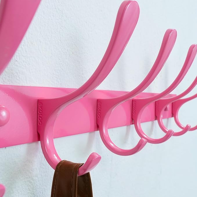 SKOLOO Wall Mounted Coat Rack - 6 Hooks, Pack of 2, Heavy Duty, Stainless Steel, Metal Wall Hanger, Sturdy Coat Hooks for Hanging Coats, Jackets, Clothes, Hats - Pink