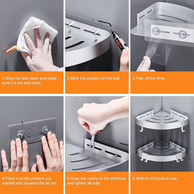 DUFU Adhesive Corner Shower Caddy with Hooks, Silver, 2 Pack | Bathroom Shower Organizer, No Drilling, Rust Proof Aluminum Shower Shelf For Inside Shower