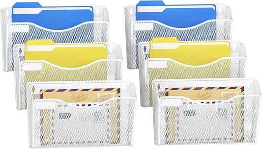 samstar 6 Pack Mesh Wall Mounted File Holder Metal Wall File Pocket Mail Organizer for Office/Home(with Label Panel), White