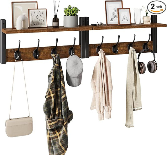 YMYNY Coat Rack Wall Mount with Shelf and Hooks, Rustic Brown UHWS001H-2 | 2 Pack Wooden Wall Mounted Coat Hanger with Shelf and 8 Double Hooks, Wall Coat Rack for Entryway Hallway Bedroom Bathroom