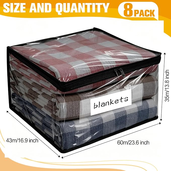 Kikerike Plastic Storage Bags with Easy-Glide Zipper, Pack of 8, Durable Clear Vinyl Zippered Storage Bags for Clothes Sweaters Comforters Blankets Sheets Bedding (23.6 x 16.9 x 13.8 Inch, Black)