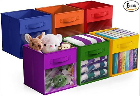 Sorbus 11 Inch Storage Bins with Clear Window - 6 Foldable Baskets for Organizing Clothes, Toys, Books - Sturdy Collapsible Fabric Storage Cubes with Handle - Storage Baskets for Shelves, Closets
