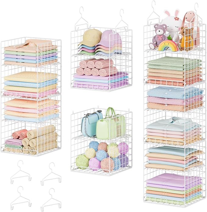 Yuyetuyo 6 Tier Raised-Height Hanging Closet Organizer, Stackable Sweater Organizer for Closet, Wire Storage Basket Bins for Clothes Purse Shoes, Hanging Shelves with 4 Hooks & 3 Dividers Adjustable