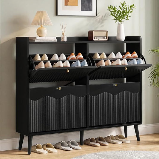 BERRYMERRY Black 47.2” Shoe Storage Cabinet with 4 Flip Drawers | narrow,entryway,adjustable feet,32 pairs shoe,shoe organize,hidden shoe rack,fluted panel,wave pattern,wood,space saving