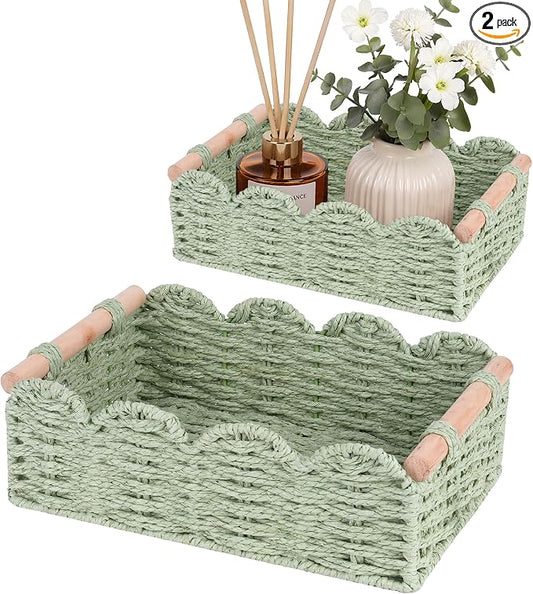 iEGrow Paper Rope Small Storage Baskets for Organizing, Set of 2 Scalloped Edge Wicker Basket with Wooden Handles Toilet Paper Basket for Over Toilet Storage Shelf, Home Decor, Living Room (Green)