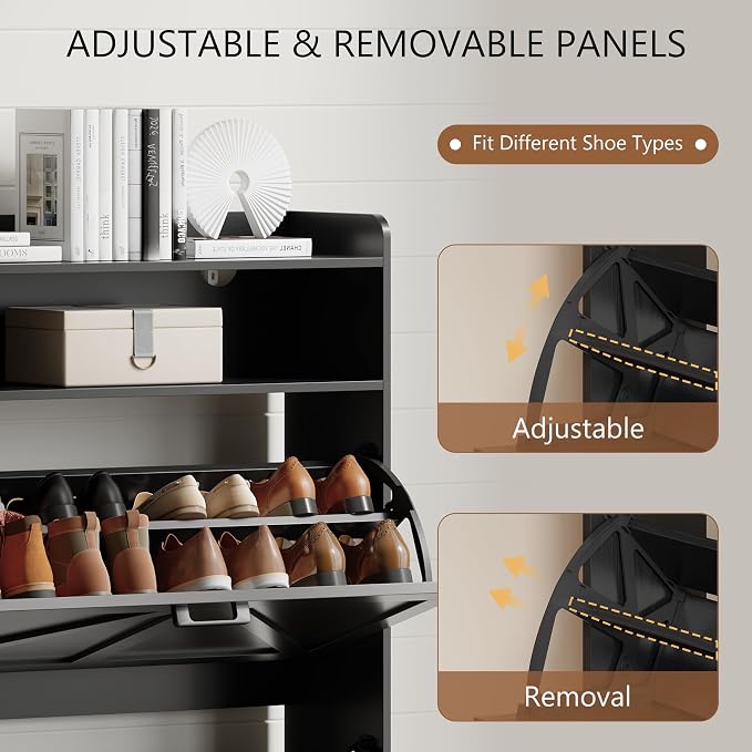 Shoe Cabinet with 2 Flip Drawers, Freestanding Hidden Shoe Storage Organizer for Entryway, Narrow Slim Shoe Rack Cabinet with Open Storage & Hooks for Front Door Entrance, Living Room, Hallway, Black