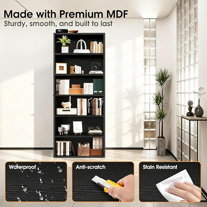 HealSmart 6 Tier Bookcase, Industrial 6 Book Shelf, 9.2" D x 23.8" W x 63" H Tall Open Cube Storage Organizer for Home Office, Living Room, Bedroom and Dinning Room, Black