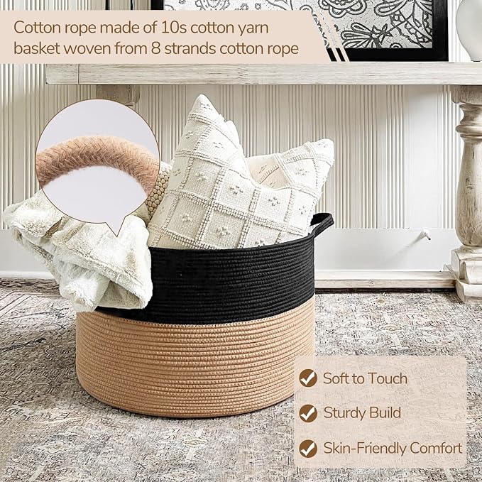 INDRESSME XXXLarge Woven Rope Blanket Basket Living Room Black Camel, 90L | 21.7" x 13.8" Storage baskets for toys laundry & pillows. Fits living room, bedroom or nursery décor. Soft-touch with handles
