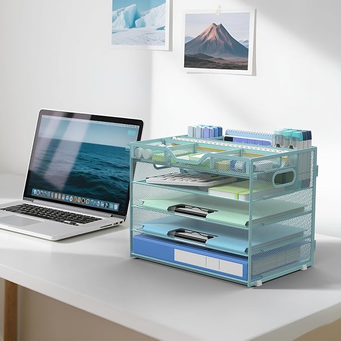 Docnest 5 Tier Mesh Desk Organizer with Removable Tray&Pen Holder, Blue | Features 3 detachable pen holders and 4 removable dividers.Versatile mesh desktop storage for mail, document,office supplie