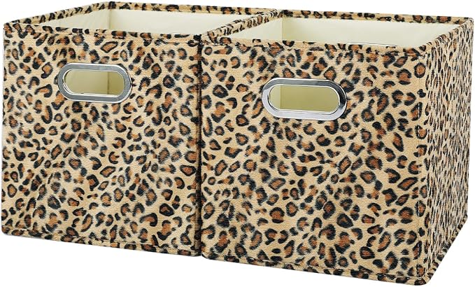 ANMINY Leopard Cheetah Print Storage Cubes Bins, Velvet, Brown, 11Inch 2PCS | Collapsible & Washable, PP Board Frame, Built-in Metal Handles, Animal Themed Fabric Cubes Baskets for Closet Shelves Decor