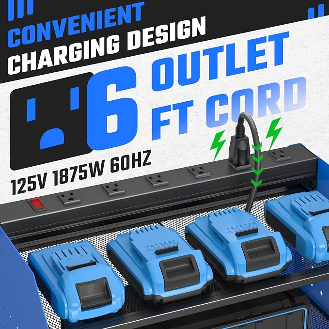 Power Tool Organizer Wall Mount 3 Layer Charging Station with 6 Outlets | Heavy Duty Tool Holder Storage Shelf Rack for Garage, Workbench and Workshop, Black, 4 Drill Holders and Drill Bit Rack, Blue