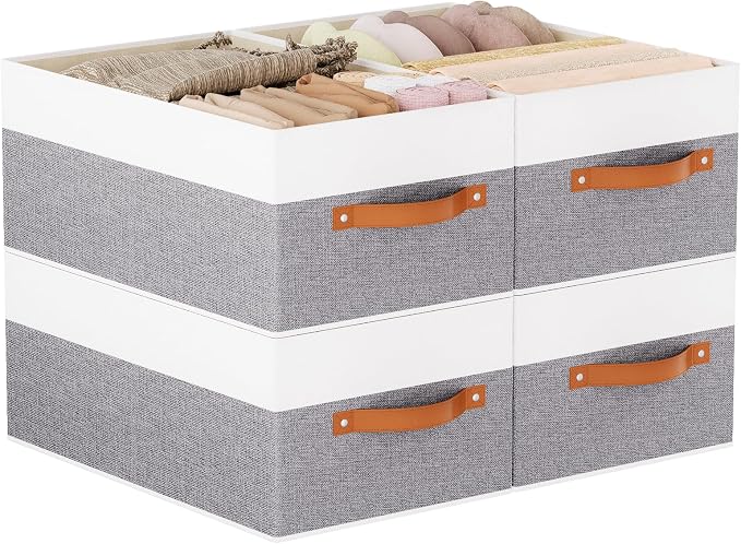 Fabric Storage Boxes,16.1×9.8×6.5In,White/Grey Bins,4Pack | Storage Baskets with Handles,Collapsible Clothing Bins,Fabric Drawers,Closet Organizer for Shelves Wardrobe Bedroom
