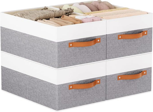Fabric Storage Boxes,16.1×9.8×6.5In,White/Grey Bins,4Pack | Storage Baskets with Handles,Collapsible Clothing Bins,Fabric Drawers,Closet Organizer for Shelves Wardrobe Bedroom