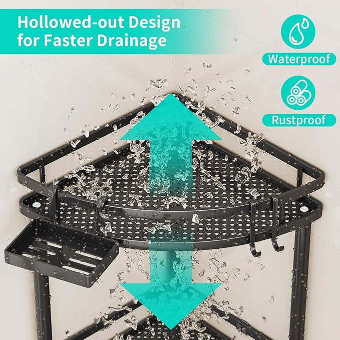 HapiRm Standing Corner Shower Caddy - 2 Tier Shower Organizer Corner with Soap Holder and 2 Hooks, Rustproof Bathroom Storage Shelves with Adhesives, Black