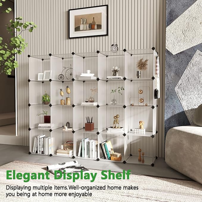 C&AHOME 20-Cube Shelf, Plastic Cube Storage Organizer, DIY Bookshelf White | Stackable Modular Closet Cabinet Ideal for Bedroom, Living Room, Office, 48.4" L x 12.4" W x 60.6" H