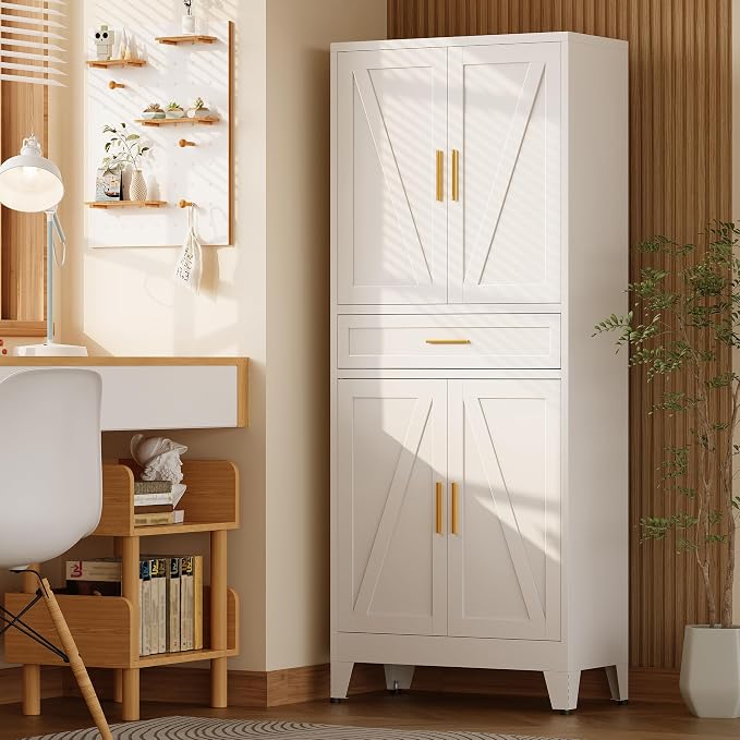 71“H Metal Kitchen Pantry Cabinet with Drawers,White Kitchen Pantry Cabinets,Tall Food Storage Cabinets,Free Standing Pantry Cabinet with 4 Doors,Farmhouse Pantry Cabinets
