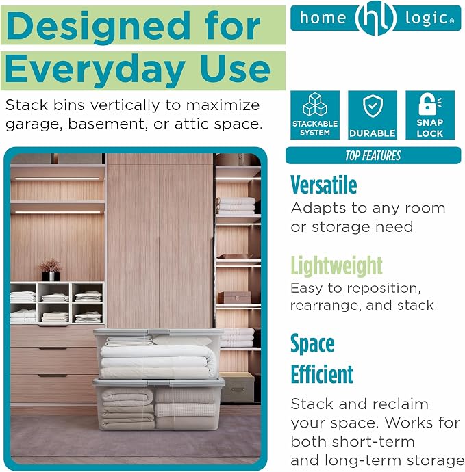 Home Logic 100 Qt Latched Storage Bin with Lid, Stackable Plastic Storage Container, Organizer for Home, Garage & Closet, 4 Pack, Gray