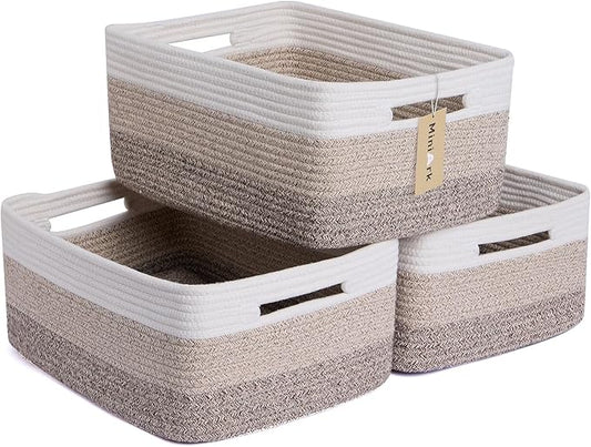 MiniArk Large Storage Baskets for Organizing, 17 x 13 x 7.5” Closet Shelf Baskets for Clothes Blanket Towels, Baby Nursery, Toy Bins Box, Woven Rope Basket, 3 Packs Gradient Brown