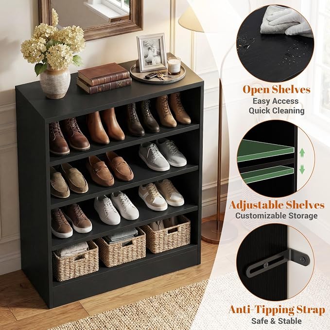 Shoe Cabinet, 5-Tier Modern Wood Shoe Storage Organizer, Black | 3 Adjustable Shelves for Entryway, Multi-Purpose Display Shelf & Storage Cabinet for Living Room, Bedroom