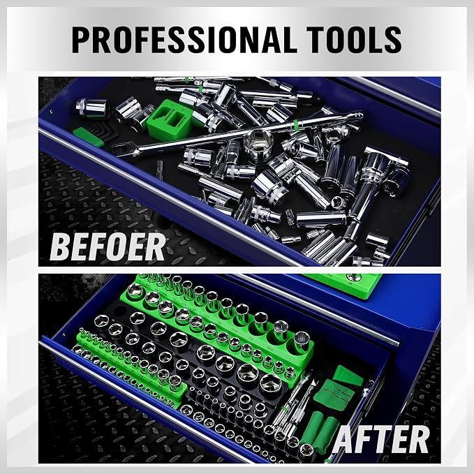 Magnetic Socket Organizer Set, 6-piece 1/4", 3/8", 1/2" SAE & Metric Sockets Holder, Drive Socket Trays, Storage Tool Box, Holding 143 Slots, Soft Rubber Covering Black Green Tools