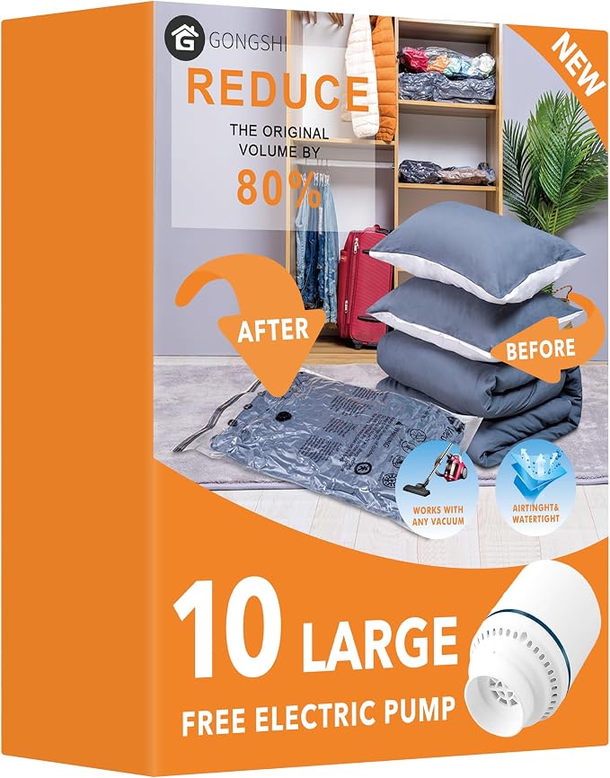 GONGSHI Vacuum Seal Bags for Clothing Travel & Home Storage, Travel Vacuum Bags with Electric Pump,Space Saver for Blankets, Comforters, Pillows, Clothes,10 Large