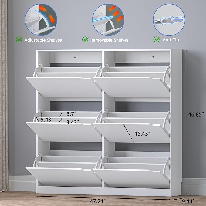 BORNOON Shoe Cabinet with 6 Flip Drawers, Slim Narrow Shoe Storage Cabinet, Freestanding Shoe Organizer for Entryway, Hallway, Foyer