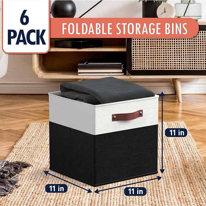 Ornavo Home 11x11 Foldable Fabric Storage Cube Bins, 6 Pack, White/Black | Collapsible Linen Shelf Basket Organizer; Leather Handles; Ideal Cube Storage For Closet