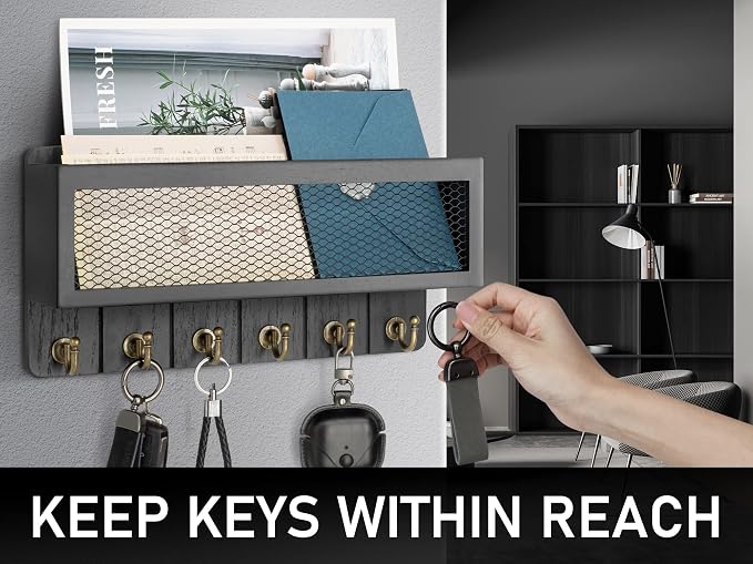 Rebee Vision Key Holder Wall Mount with 6 Hooks for Entryway, Modern Black | Key Holder for Wall, Mesh Storage Basket, Wooden Mail Sorter, Key Rack, Office Storage, Rustic Office, Apartment Home Accent